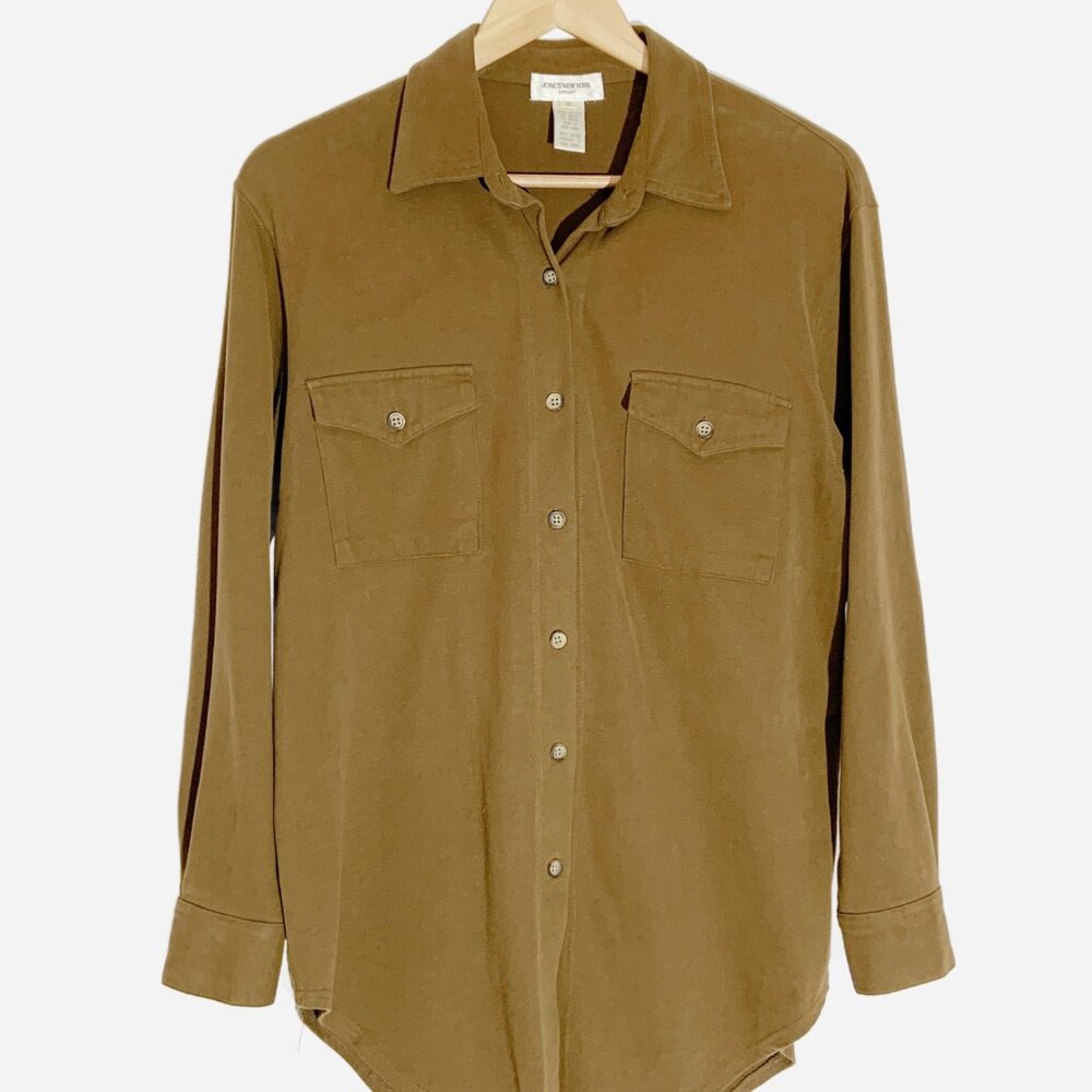 Vintage JONES NEW YORK Cotton Knit Button Down Shirt in Khaki  / size Small